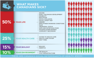An estimated half of all illness is caused by life circumstances such as income, education, employment, social connections, early childhood experiences, food, housing, race and gender. About 15 percent of illness is caused by our biology and genetics. About 10 percent of illness is caused by things in our environment such as air quality and civic infrastructure. About 25 percent of illness is related to quality of health care and access to health services.